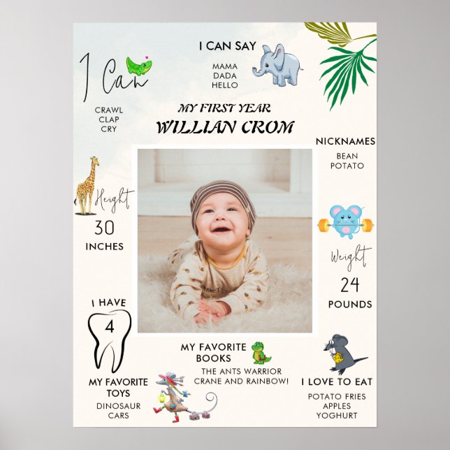 Forest Animals First Year First Birthday Milestone Poster (Front)