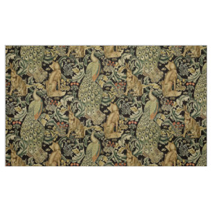 FOREST ANIMALS ,FOX, PEACOCK, HARE GREEN FLORAL FABRIC