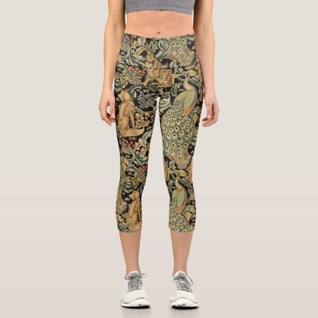 FOREST ANIMALS ,FOX, PEACOCK, HARE IN GREEN FLORAL CAPRI LEGGINGS (Front)