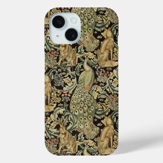 FOREST ANIMALS ,FOX, PEACOCK, HARE IN GREEN FLORAL Case-Mate iPhone CASE (Back)