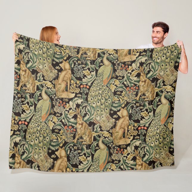 FOREST ANIMALS ,FOX, PEACOCK, HARE IN GREEN FLORAL FLEECE BLANKET (In Situ)