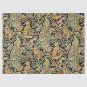 FOREST ANIMALS ,FOX, PEACOCK, HARE IN GREEN FLORAL TISSUE PAPER