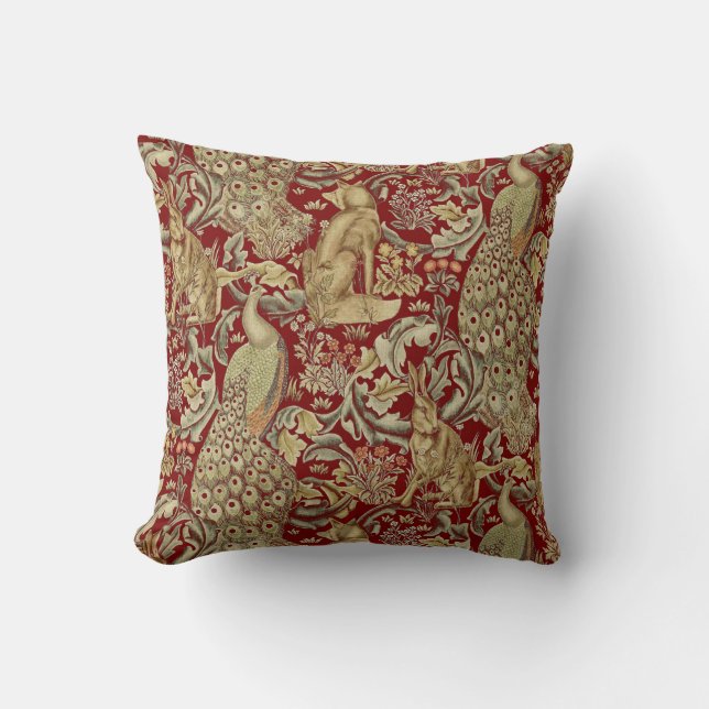 FOREST ANIMALS ,FOX, PEACOCK, HARE IN RED FLORAL CUSHION (Front)
