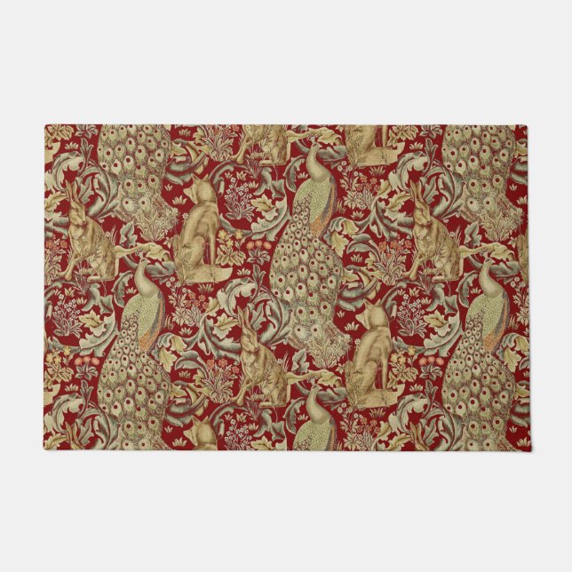 FOREST ANIMALS ,FOX, PEACOCK, HARE IN RED FLORAL  DOORMAT (Front)