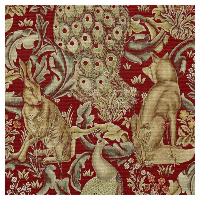 FOREST ANIMALS ,FOX, PEACOCK, HARE IN RED FLORAL FABRIC (Swatch)