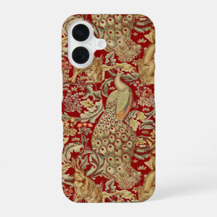 FOREST ANIMALS ,FOX, PEACOCK, HARE IN RED FLORAL iPhone 16 CASE