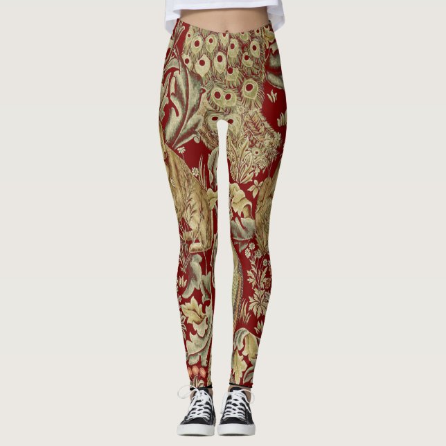 FOREST ANIMALS ,FOX, PEACOCK, HARE IN RED FLORAL LEGGINGS (Front)