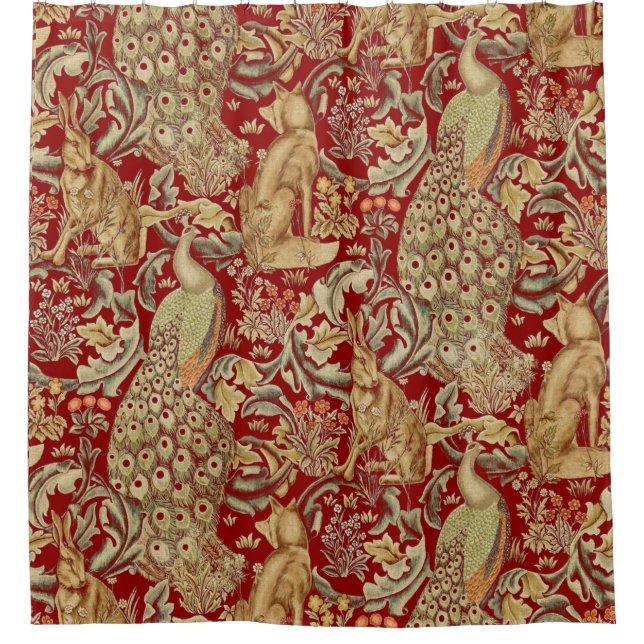 FOREST ANIMALS Fox ,Peacock, Hare In Red Floral Shower Curtain (Front)