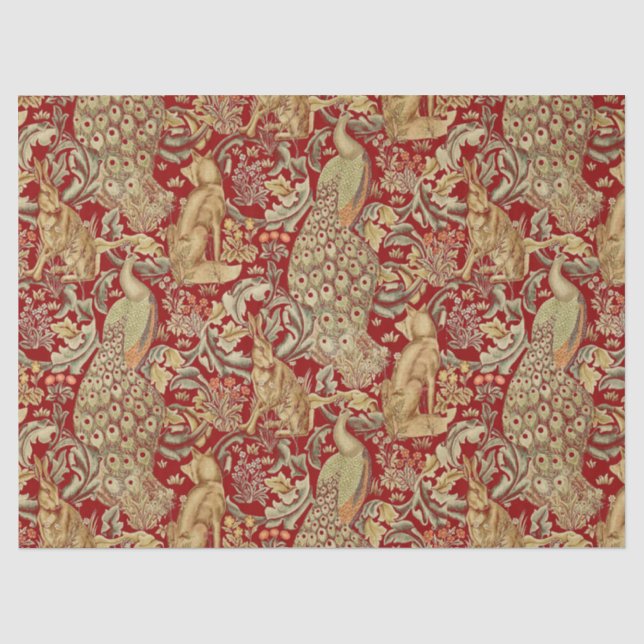 FOREST ANIMALS ,FOX, PEACOCK, HARE IN RED FLORAL  TISSUE PAPER (Front)