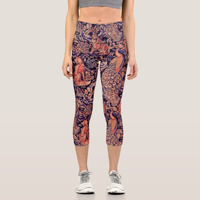 FOREST ANIMALS ,FOX, PEACOCK,HARE PINK BLUE FLORAL CAPRI LEGGINGS (Front)
