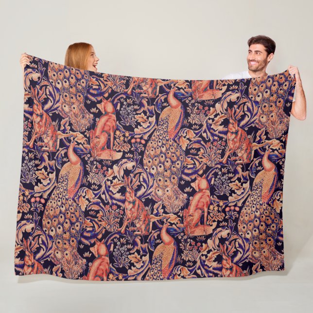 FOREST ANIMALS,FOX,PEACOCK, HARE PINK BLUE FLORAL  FLEECE BLANKET (In Situ)