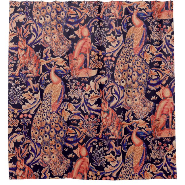 FOREST ANIMALS Fox,Peacock,Hare Pink Blue Floral  Shower Curtain (Front)