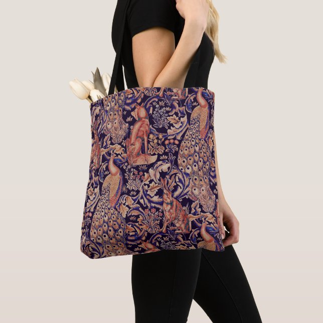 FOREST ANIMALS ,FOX,PEACOCK, HARE PiNK BLUE FLORAL Tote Bag (Close Up)