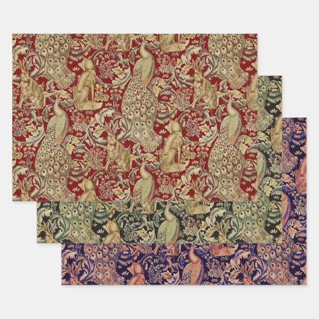 FOREST ANIMALS ,FOX, PEACOCK,HARE,RED GREEN FLORAL WRAPPING PAPER SHEET (Set)