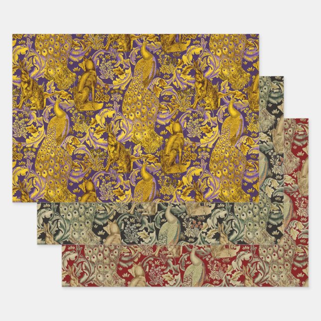 FOREST ANIMALS,FOX,PEACOCK,HARE,RED YELLOW FLORAL  WRAPPING PAPER SHEET (Set)