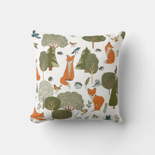Forest animals: foxes, birds pattern cushion (Front)