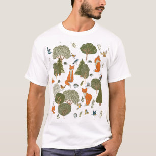 Forest animals: foxes, birds pattern T-Shirt