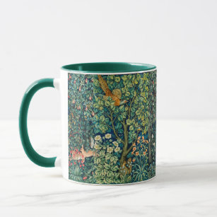 FOREST ANIMALS Hares,Pheasant Bird, Green Floral Mug