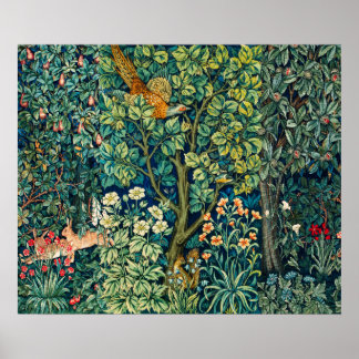 FOREST ANIMALS Hares,Pheasant Bird, Green Floral Poster