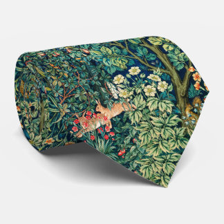 FOREST ANIMALS Hares,Pheasant Bird, Green Floral Tie