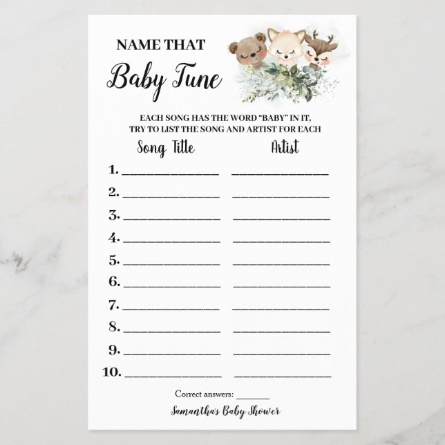 Forest Animals Name Baby Tune Shower Game card (Front)