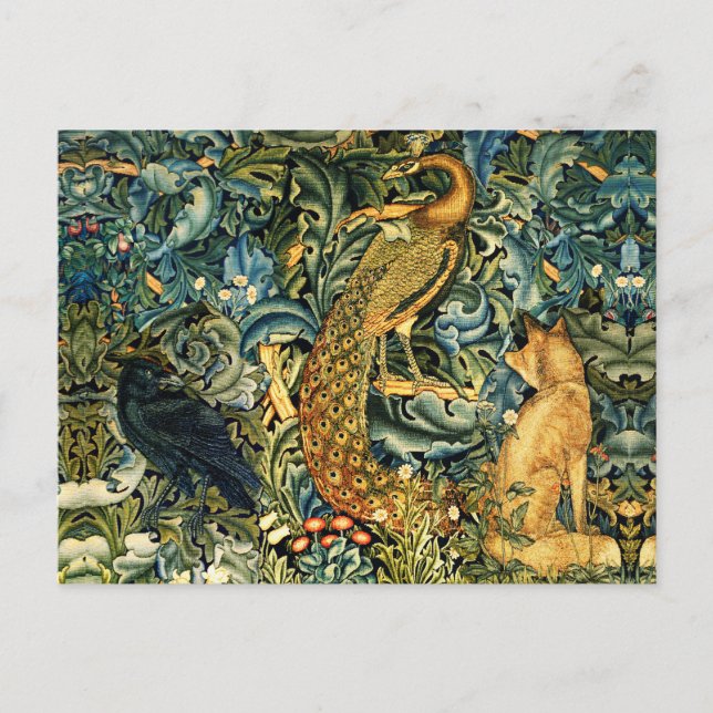 FOREST ANIMALS,PEACOCK AND FOX GREEN FLORAL HOLIDAY POSTCARD (Front)