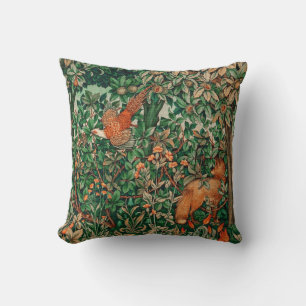 FOREST ANIMALS Pheasant and Red Fox,Green Floral Cushion