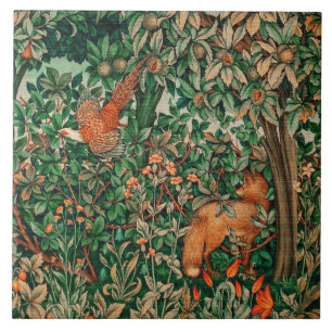FOREST ANIMALS Pheasant and Red Fox,Green Floral Tile