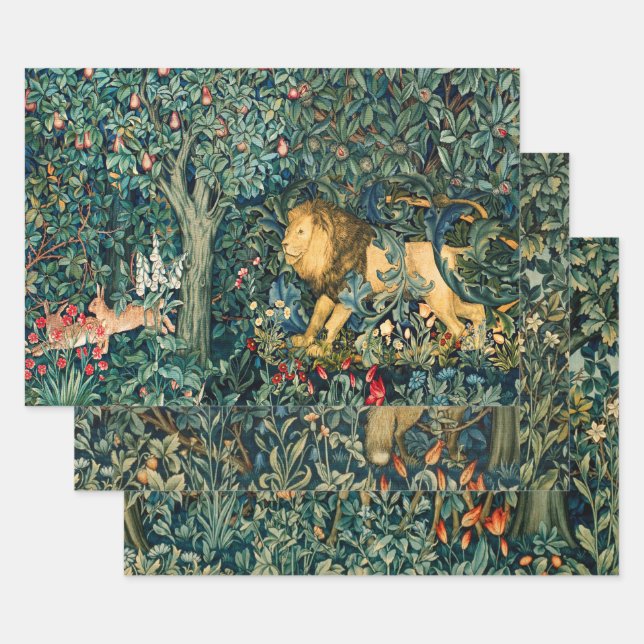 FOREST ANIMALS Pheasant,Fox,Lion,Hare,Green Floral Wrapping Paper Sheet (Set)