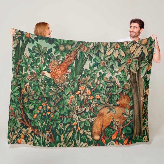 FOREST ANIMALS Pheasant ,Red Fox,Green Floral Fleece Blanket (In Situ)