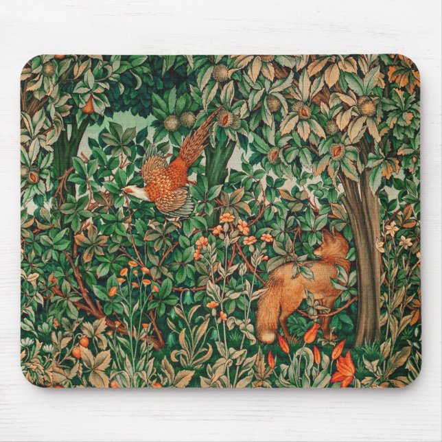 FOREST ANIMALS Pheasant ,Red Fox,Green Floral Mouse Pad (Front)