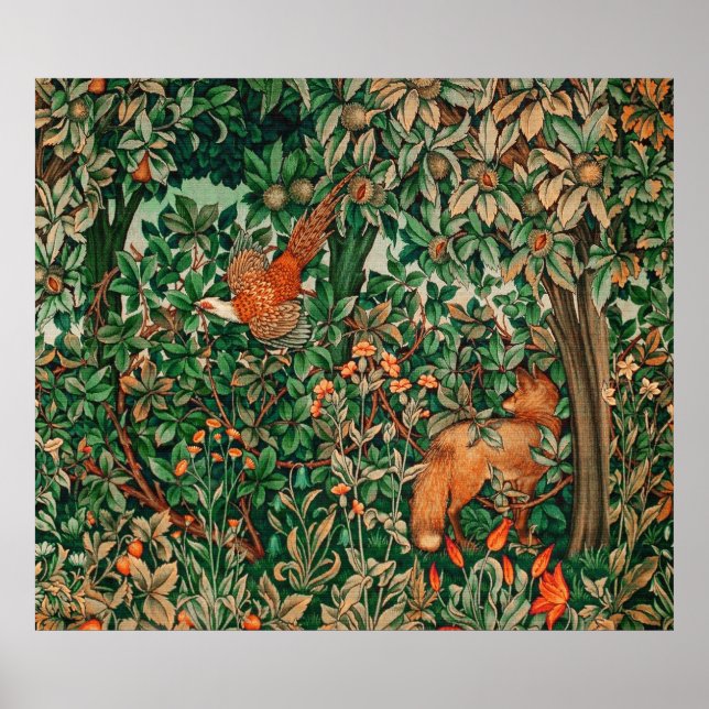 FOREST ANIMALS Pheasant Red Fox,Green Floral Poster (Front)
