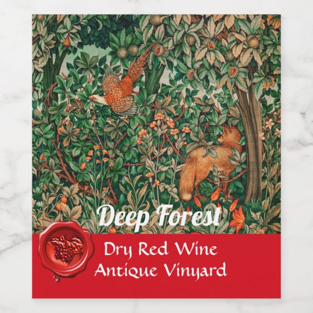 FOREST ANIMALS Pheasant Red Fox,Green Floral  Wine Label (Single Label)