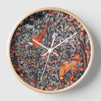 FOREST ANIMALS Pheasant Red Fox Grey Floral Clock