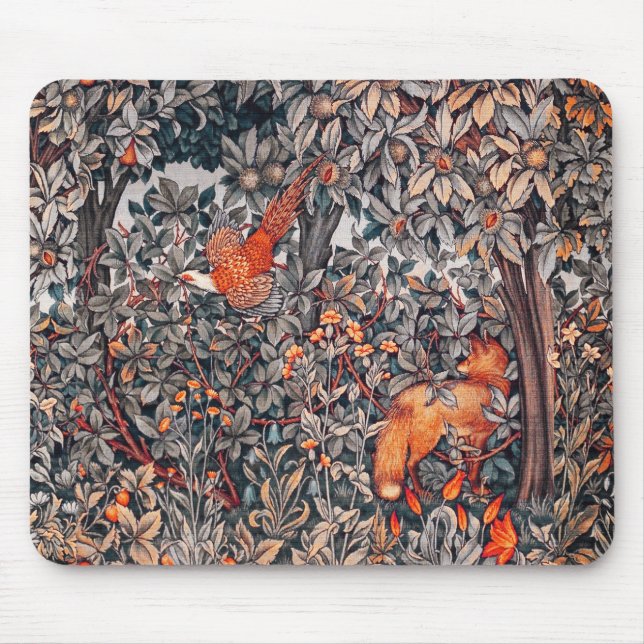 FOREST ANIMALS Pheasant ,Red Fox,Grey Floral Mouse Pad (Front)