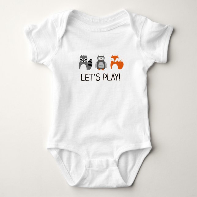Forest Animals Racoon Fox Owl "Let's Play!" Baby Bodysuit (Front)