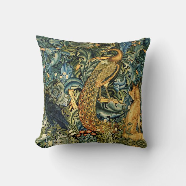 FOREST ANIMALS,RAVEN,FOX,PEACOCK Blue Green Floral Cushion (Front)