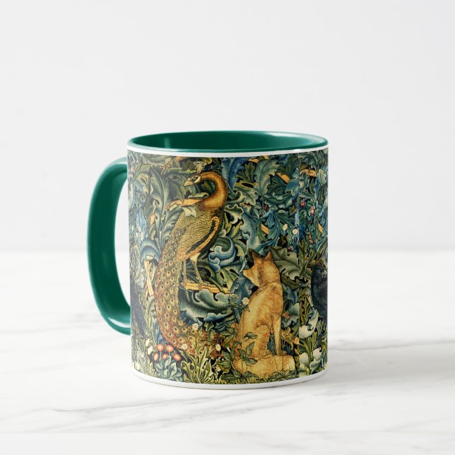 FOREST ANIMALS,RAVEN,FOX,PEACOCK Blue Green Floral Mug (Front Left)