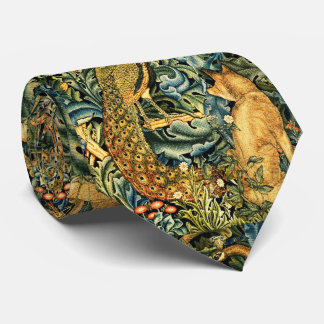 FOREST ANIMALS,RAVEN,FOX,PEACOCK Blue Green Floral Tie