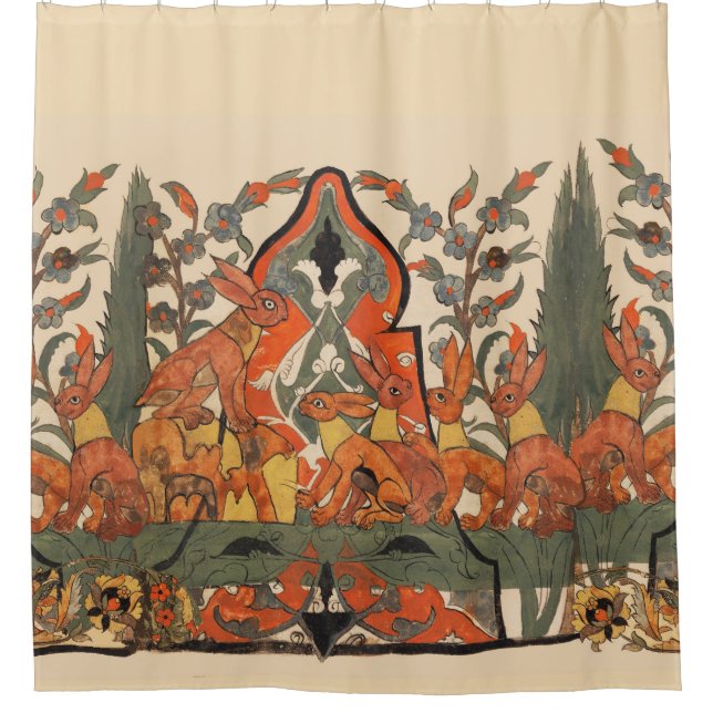 FOREST ANIMALS,RED RABBITS AMONG FLOWERS LEAVES SHOWER CURTAIN (Front)