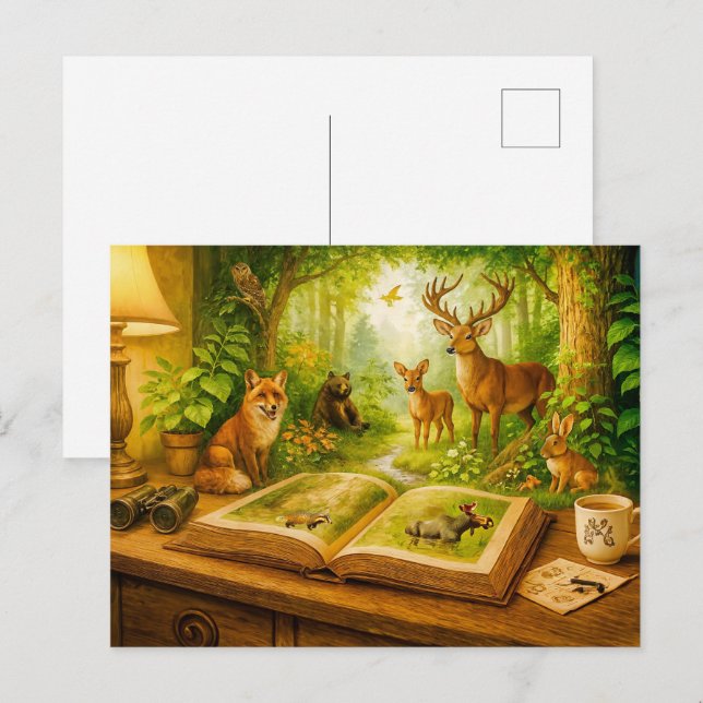 Forest animals rising from open book holiday postcard (Front/Back)