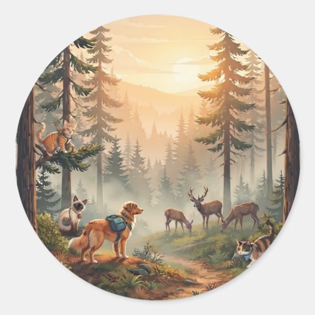 Forest Animals Sunset Adventure  Classic Round Sticker (Front)