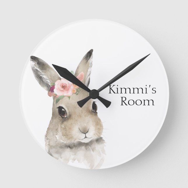 Forest Animals Watercolor Bunny Name Nursery Round Clock (Front)