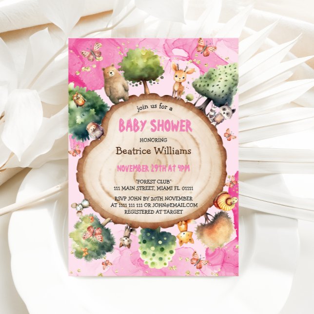 Forest Animals Watercolor Pink Baby girl Shower  Invitation (Creator Uploaded)