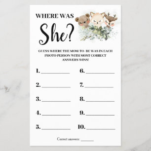 Forest Animals Where was Mum Baby Shower Game Card