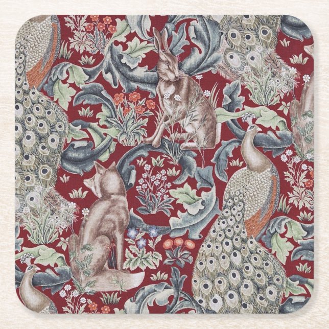Forest Animals, William Morris Square Paper Coaster (Front)