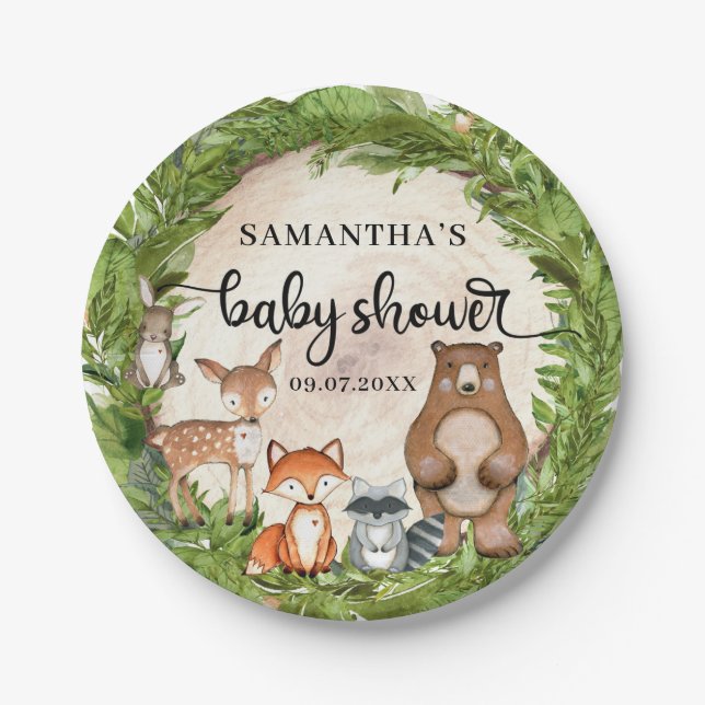 Forest animals woodland themed wood baby shower paper plate (Front)