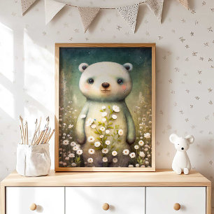Forest Baby Bear Flower Bear Wall Print