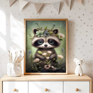 Forest Baby Racoon Flower Racoon Wall Print