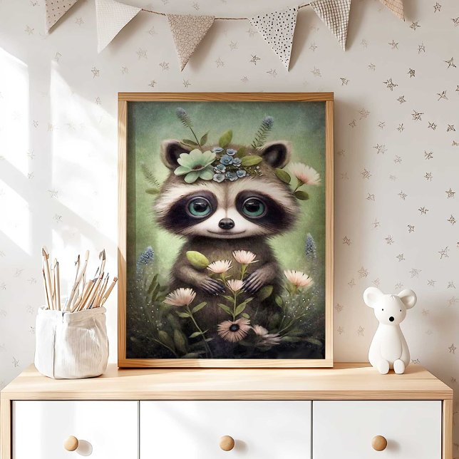 Forest Baby Racoon Flower | Racoon Wall Print (Boho Woodland Raccoon Wall Art for Nursery by TinkPrints.)